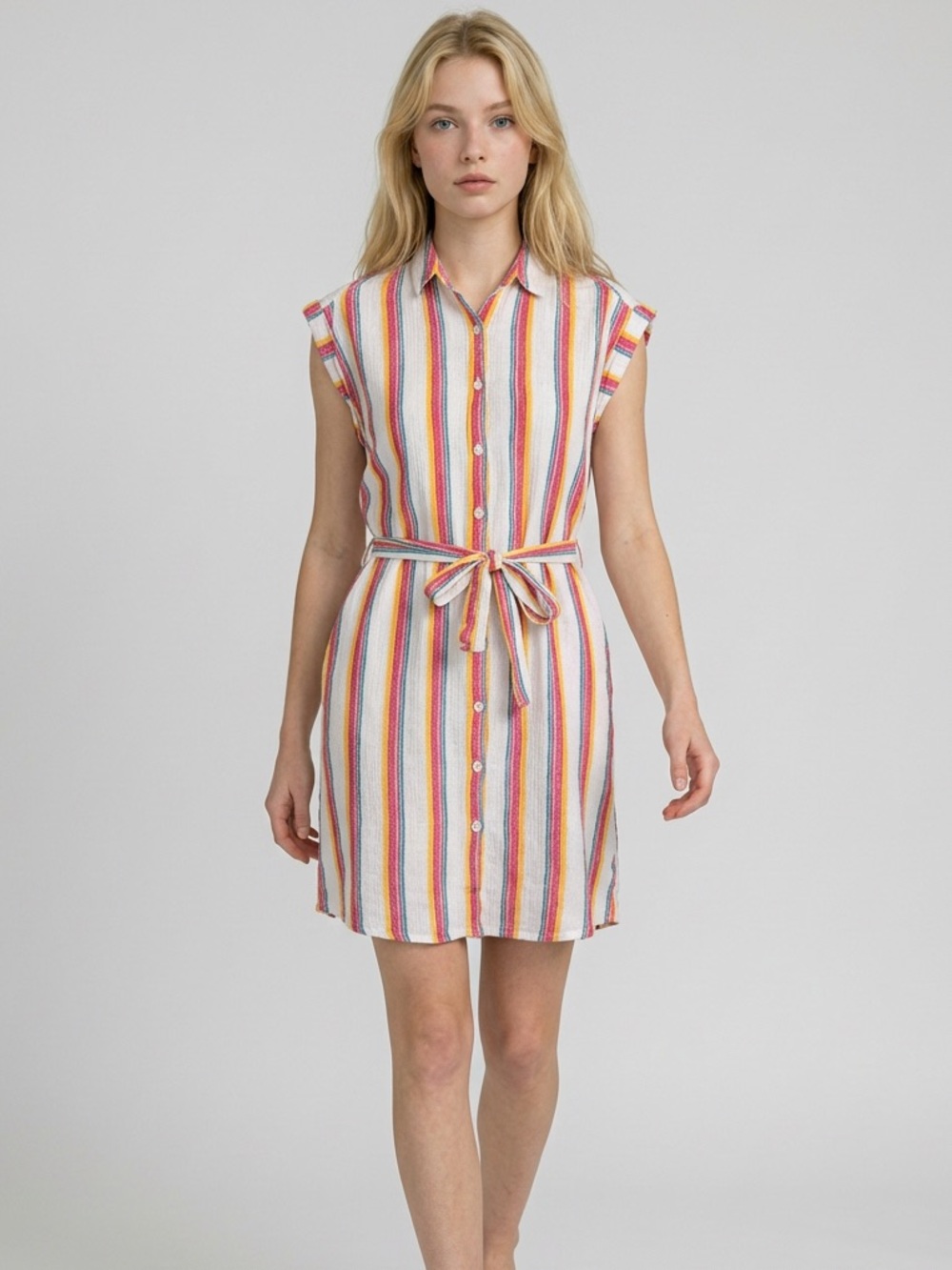 Harper Multi-Stripe Sleeveless Button Shirt Dress in Pink, Turquoise & Yellow
